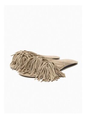 NEW - Zara Beige Fringe Suede Slide Sandal - Size 10